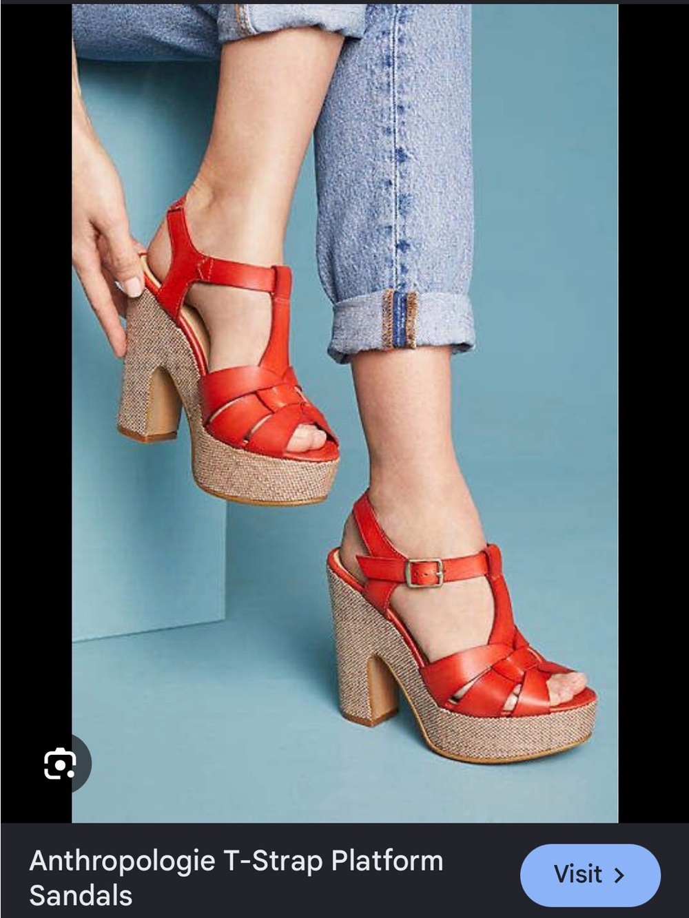 Anthropologie Red Leather Woven T-Strap Wedge Sandals